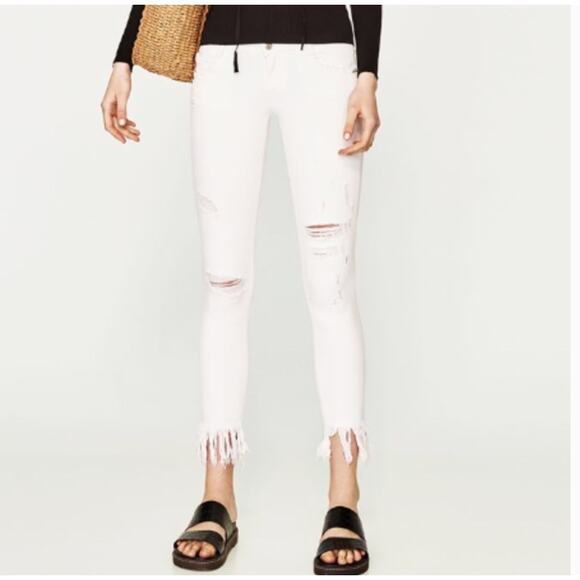 Zara Jeans Women 4 White Raw Frayed Hem High Rise Skinny Denim Distressed - Picture 1 of 7